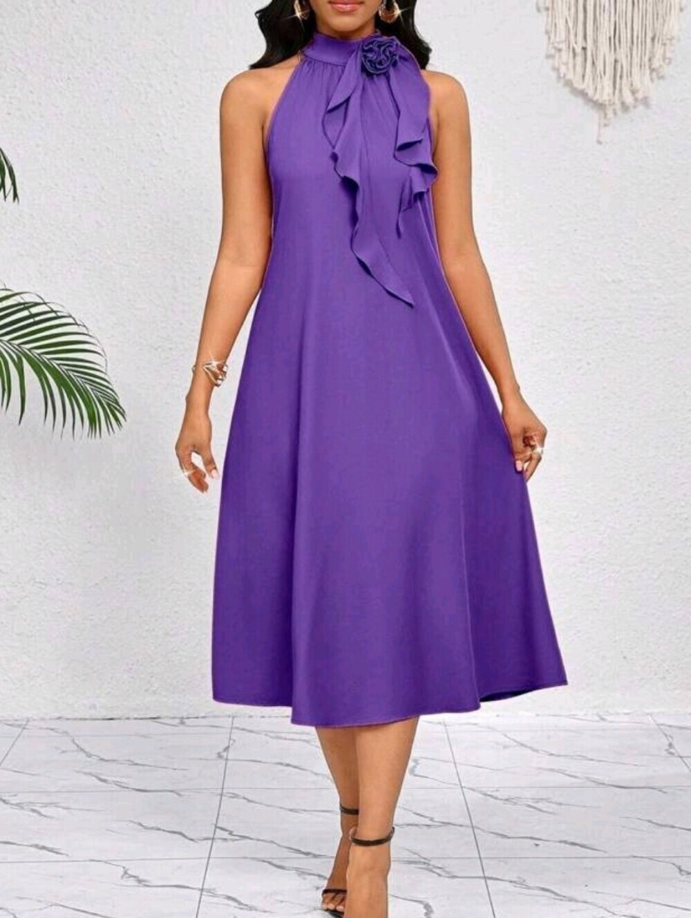 Purple Halter Maxi Dress with Ruffle Rose Accent MEDIUM - Picture 3 of 5